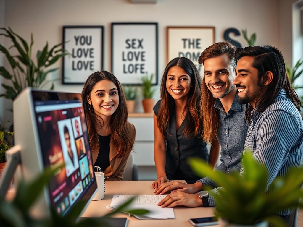 A vibrant digital workspace scene focused on a sleek computer screen displaying the “sexlove.ai” AI girlfriend app interface. In the foreground, a diverse group of three young professionals—two women and one man—dressed in smart casual attire are gathered around the computer, showcasing expressions of excitement and curiosity. In the middle ground, a cozy, modern office environment adorned with plants and motivational artwork enhances the inviting atmosphere. Soft, warm lighting creates an uplifting mood, while a shallow depth of field focuses on the app on the screen, slightly blurring the background details. The image should convey a sense of innovation, collaboration, and the thrill of engaging with cutting-edge technology in a safe and friendly setting. A vibrant digital workspace scene focused on a sleek computer screen displaying the “sexlove.ai” AI girlfriend app interface. In the foreground, a diverse group of three young professionals—two women and one man—dressed in smart casual attire are gathered around the computer, showcasing expressions of excitement and curiosity. In the middle ground, a cozy, modern office environment adorned with plants and motivational artwork enhances the inviting atmosphere. Soft, warm lighting creates an uplifting mood, while a shallow depth of field focuses on the app on the screen, slightly blurring the background details. The image should convey a sense of innovation, collaboration, and the thrill of engaging with cutting-edge technology in a safe and friendly setting.