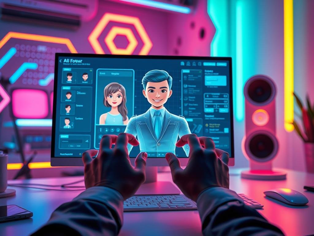 A vibrant digital workspace showcasing the concept of AI character creation. In the foreground, a computer screen displays a detailed character design interface, featuring a variety of customizable options like hairstyle, clothing, and personality traits. A pair of hands, dressed in professional business attire, is engaged in the character customization process. In the middle ground, a holographic projection of an AI character—a friendly, inviting humanoid figure—emanates from the screen, showcasing vivid features and warm expressions. The background consists of futuristic design elements and colorful lighting that exude a high-tech atmosphere, emphasizing innovation and creativity. Soft, diffused lighting enhances the mood, providing a warm, inviting feel to the workspace. The setting conveys a sense of excitement and potential in AI character development. Include brand name "sexlove.ai" subtly integrated into the interface design.