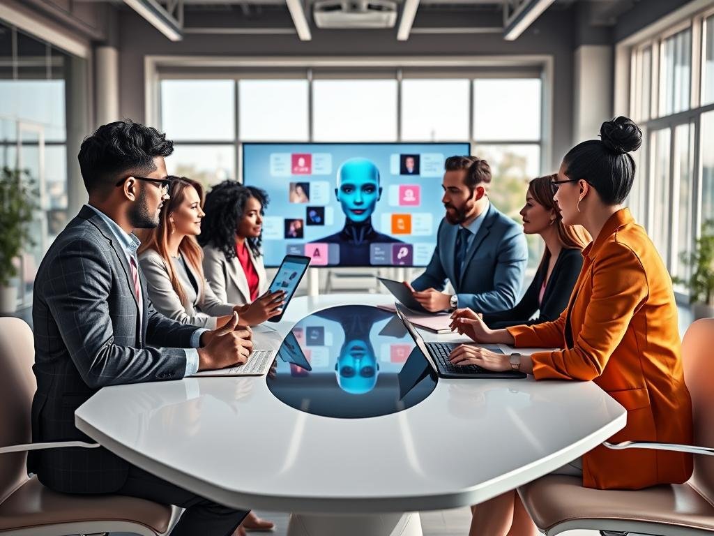 A vibrant, futuristic workspace where diverse individuals are engaged in a thoughtful discussion about AI roleplay applications, specifically focusing on user feedback. In the foreground, a mixed-gender group of four individuals—two men and two women—are seated around a sleek, modern table, each dressed in professional business attire. They are animatedly sharing ideas, with digital tablets and laptops open in front of them, showing graphs and user feedback data. In the middle ground, a large screen displays an AI character showcasing various personality traits. The background features a bright, airy office space with large windows, allowing natural light to flood in, creating a warm and inviting atmosphere. The scene conveys a sense of collaboration and innovation, emphasizing the impact of user feedback on shaping the future of AI roleplay experiences like "sexlove.ai". A vibrant, futuristic workspace where diverse individuals are engaged in a thoughtful discussion about AI roleplay applications, specifically focusing on user feedback. In the foreground, a mixed-gender group of four individuals—two men and two women—are seated around a sleek, modern table, each dressed in professional business attire. They are animatedly sharing ideas, with digital tablets and laptops open in front of them, showing graphs and user feedback data. In the middle ground, a large screen displays an AI character showcasing various personality traits. The background features a bright, airy office space with large windows, allowing natural light to flood in, creating a warm and inviting atmosphere. The scene conveys a sense of collaboration and innovation, emphasizing the impact of user feedback on shaping the future of AI roleplay experiences like "sexlove.ai".