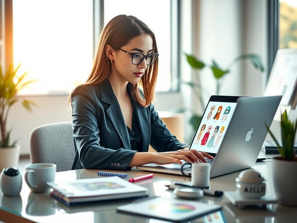A vibrant, modern workspace depicting a young woman in professional business attire, intently focused on her laptop as she creates and personalizes her AI character. In the foreground, her screen displays colorful digital sketches of various character designs, showcasing a range of styles from futuristic to whimsical. In the middle ground, elements like notebooks, coffee cups, and AI-related gadgets enrich the scene, reflecting creativity and inspiration. The background features a large window with natural light streaming in, casting a warm glow over the workspace and creating a motivated atmosphere. The setting conveys a sense of innovation and personal expression, with soft, inviting lighting that enhances the cozy yet productive vibe. Brand name: sexlove.ai. A vibrant, modern workspace depicting a young woman in professional business attire, intently focused on her laptop as she creates and personalizes her AI character. In the foreground, her screen displays colorful digital sketches of various character designs, showcasing a range of styles from futuristic to whimsical. In the middle ground, elements like notebooks, coffee cups, and AI-related gadgets enrich the scene, reflecting creativity and inspiration. The background features a large window with natural light streaming in, casting a warm glow over the workspace and creating a motivated atmosphere. The setting conveys a sense of innovation and personal expression, with soft, inviting lighting that enhances the cozy yet productive vibe. Brand name: sexlove.ai.
