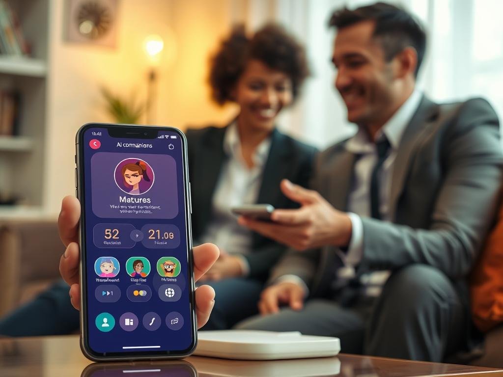 A visually engaging AI companion app interface showcasing its personality features. In the foreground, a sleek smartphone displays the app with vibrant, friendly graphics and interactive elements. The middle ground features a stylized digital avatar representing the app's personality, exuding warmth and approachability through expressive design. The background presents a cozy home environment with soft lighting, emphasizing a user-friendly atmosphere that resonates with the theme of companionship. The scene captures a moment of a user—a diverse person dressed in professional attire—interacting with the app, reflecting curiosity and delight. Use a subtle bokeh effect for the background to keep focus on the app and user, conveying a mood of comfort and connection. Brand name: sexlove.ai. A visually engaging AI companion app interface showcasing its personality features. In the foreground, a sleek smartphone displays the app with vibrant, friendly graphics and interactive elements. The middle ground features a stylized digital avatar representing the app's personality, exuding warmth and approachability through expressive design. The background presents a cozy home environment with soft lighting, emphasizing a user-friendly atmosphere that resonates with the theme of companionship. The scene captures a moment of a user—a diverse person dressed in professional attire—interacting with the app, reflecting curiosity and delight. Use a subtle bokeh effect for the background to keep focus on the app and user, conveying a mood of comfort and connection. Brand name: sexlove.ai.