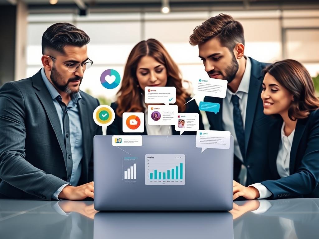 A visually engaging digital illustration depicting "User Insights and Feedback" in the context of an AI girlfriend app, specifically focusing on "sexlove.ai". In the foreground, a diverse group of three people, dressed in professional business attire, are intently engaged in discussion over a sleek laptop displaying user interface graphics and statistics. In the middle, visual elements like colorful pie charts, bar graphs, and speech bubbles representing user feedback float around, illustrating vibrant insights and reviews. The background shows a modern office environment with soft natural lighting filtering through large windows, creating an inviting and collaborative atmosphere. The camera angle is slightly angled from above, capturing both the participants and the displayed feedback data, conveying a mood of innovation and teamwork. A visually engaging digital illustration depicting "User Insights and Feedback" in the context of an AI girlfriend app, specifically focusing on "sexlove.ai". In the foreground, a diverse group of three people, dressed in professional business attire, are intently engaged in discussion over a sleek laptop displaying user interface graphics and statistics. In the middle, visual elements like colorful pie charts, bar graphs, and speech bubbles representing user feedback float around, illustrating vibrant insights and reviews. The background shows a modern office environment with soft natural lighting filtering through large windows, creating an inviting and collaborative atmosphere. The camera angle is slightly angled from above, capturing both the participants and the displayed feedback data, conveying a mood of innovation and teamwork.