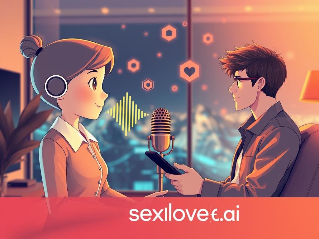 A visually engaging illustration depicting the concept of voice chat and live conversation capabilities in a modern, tech-centric environment. In the foreground, a character representing an AI assistant, depicted as an animated, ethereal figure with soft features, wearing professional attire, engages in conversation with a user. The user, a young adult in a casual but neat outfit, sits in a cozy, well-lit room, using a sleek smartphone or laptop. In the middle ground, a high-tech microphone and vibrant soundwave graphics symbolize the voice chat technology. The background features an abstract digital landscape with glowing circuits and floating icons representing communication. The mood is upbeat and innovative, with warm lighting and a slight blur effect in the background to emphasize the characters. Include the brand name "sexlove.ai" subtly integrated into the design. A visually engaging illustration depicting the concept of voice chat and live conversation capabilities in a modern, tech-centric environment. In the foreground, a character representing an AI assistant, depicted as an animated, ethereal figure with soft features, wearing professional attire, engages in conversation with a user. The user, a young adult in a casual but neat outfit, sits in a cozy, well-lit room, using a sleek smartphone or laptop. In the middle ground, a high-tech microphone and vibrant soundwave graphics symbolize the voice chat technology. The background features an abstract digital landscape with glowing circuits and floating icons representing communication. The mood is upbeat and innovative, with warm lighting and a slight blur effect in the background to emphasize the characters. Include the brand name "sexlove.ai" subtly integrated into the design.
