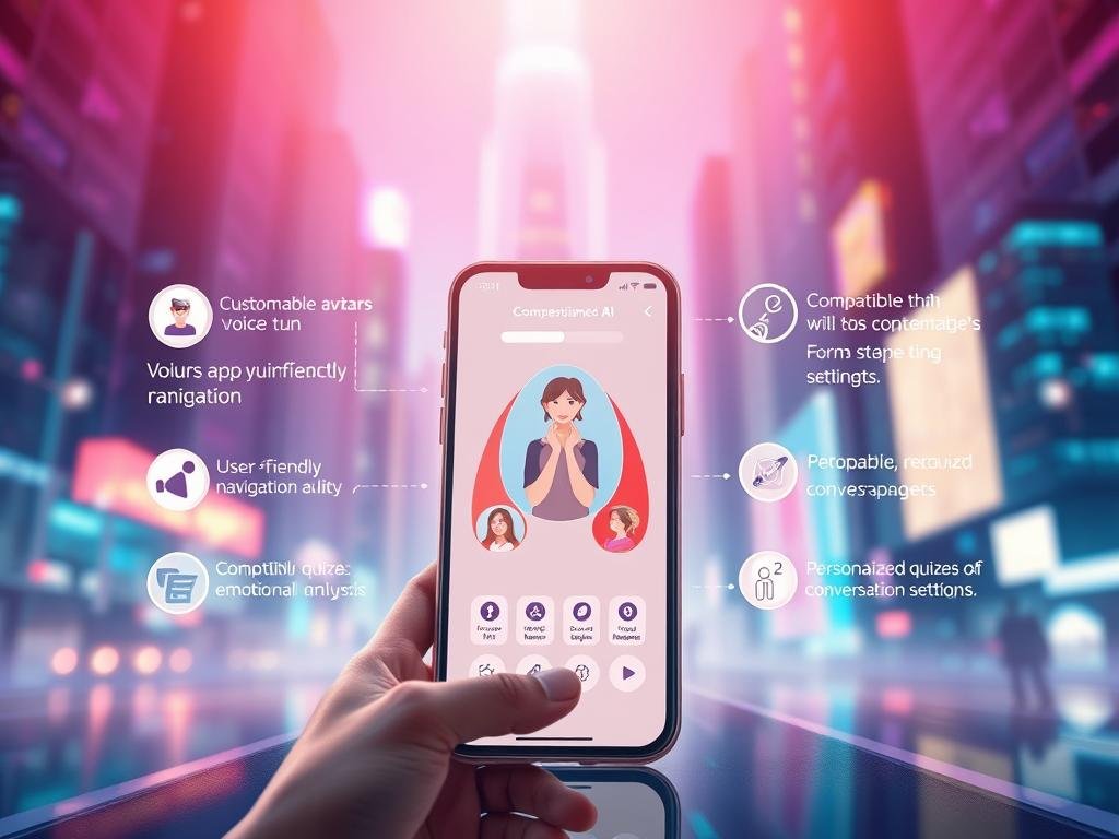 A visually striking illustration showcasing the features of an advanced AI girlfriend app, "sexlove.ai", set in a modern, digitally-enhanced environment. In the foreground, depict a sleek smartphone displaying the app's interface, illustrating features like customizable avatars, voice interaction, and emotional analysis. The middle ground features abstract icons representing user-friendly navigation, compatibility quizzes, and personalized conversation settings. In the background, create a glowing futuristic cityscape with soft neon lights, evoking a sense of innovation and connection. The lighting should be vibrant yet soft, with a focus on the device, captured from a dynamic angle that suggests engagement. The atmosphere feels both inviting and cutting-edge, ideal for an article discussing the future of AI companionship.
