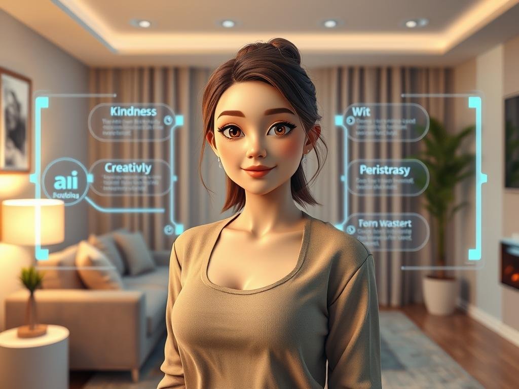 An engaging AI character named "Lila," representing the brand sexlove.ai, stands confidently in the foreground, embodying an ideal girlfriend persona. She is dressed in stylish, modest casual clothing, radiating warmth and approachability. Her bright, expressive eyes convey a sense of understanding and empathy, with soft, natural makeup accentuating her features. In the middle ground, a digital interface with glowing holographic elements represents AI technology, showcasing personality traits like kindness, wit, and creativity. The background features a cozy, modern living room that suggests a personal, intimate space where roleplay occurs. The soft, ambient lighting creates a warm atmosphere, evoking feelings of comfort and connection. The image uses a slight depth of field, focusing on Lila while maintaining the context of the virtual environment. An engaging AI character named "Lila," representing the brand sexlove.ai, stands confidently in the foreground, embodying an ideal girlfriend persona. She is dressed in stylish, modest casual clothing, radiating warmth and approachability. Her bright, expressive eyes convey a sense of understanding and empathy, with soft, natural makeup accentuating her features. In the middle ground, a digital interface with glowing holographic elements represents AI technology, showcasing personality traits like kindness, wit, and creativity. The background features a cozy, modern living room that suggests a personal, intimate space where roleplay occurs. The soft, ambient lighting creates a warm atmosphere, evoking feelings of comfort and connection. The image uses a slight depth of field, focusing on Lila while maintaining the context of the virtual environment.