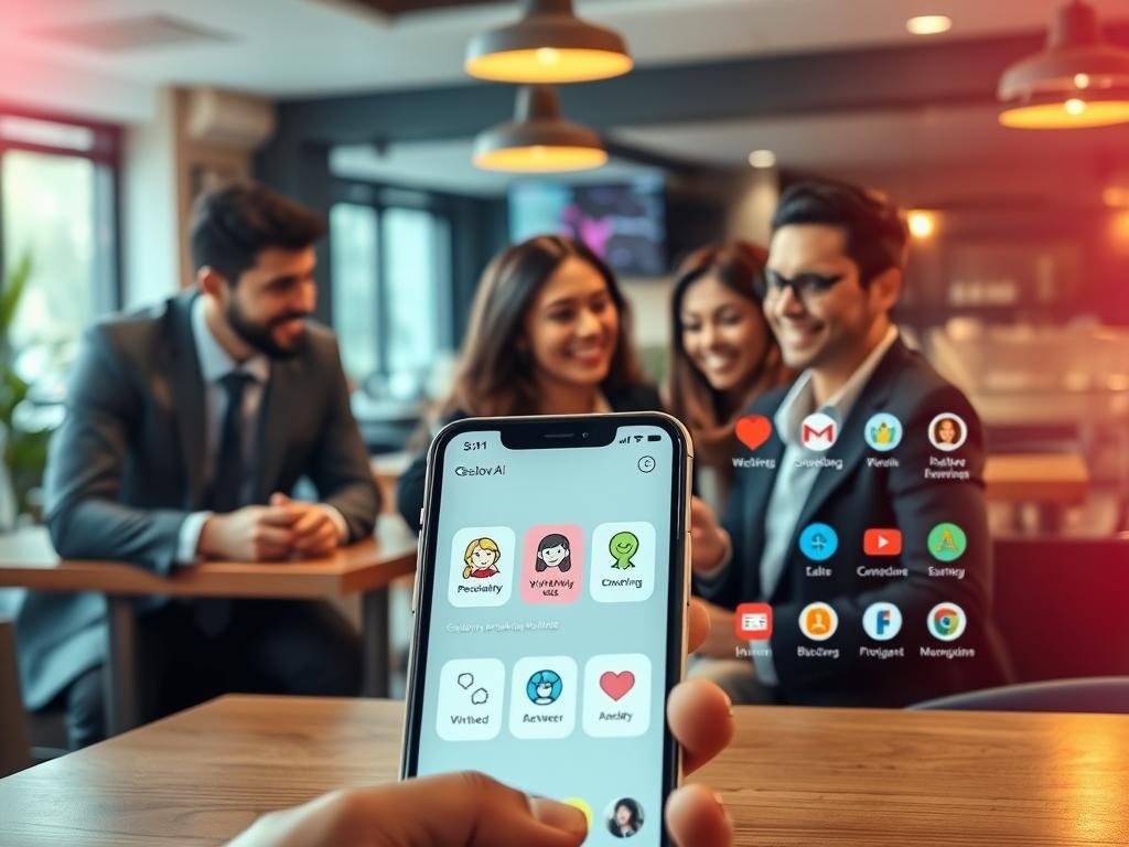 An engaging scene showcasing the features of the "sexlove.ai" AI relationship app. In the foreground, a smartphone displaying an interface of the app, with icons representing various features such as personality matching, virtual dates, and communication tools. The middle layer features a diverse group of young professionals in business attire, interacting with the app, smiling and engaged in conversation. The background has a cozy and inviting café setting with soft lighting, a warm ambiance, and abstract digital elements that suggest connectivity and innovation. The mood is vibrant and optimistic, highlighting the potential of technology in enhancing relationships. Use warm, inviting colors to evoke a sense of belonging and trust.