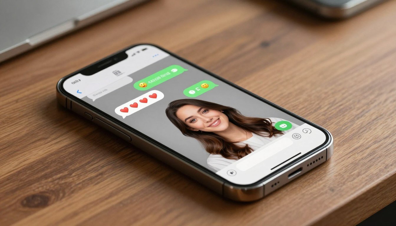 modern smartphone displaying AI girlfriend chat interface with heart icons