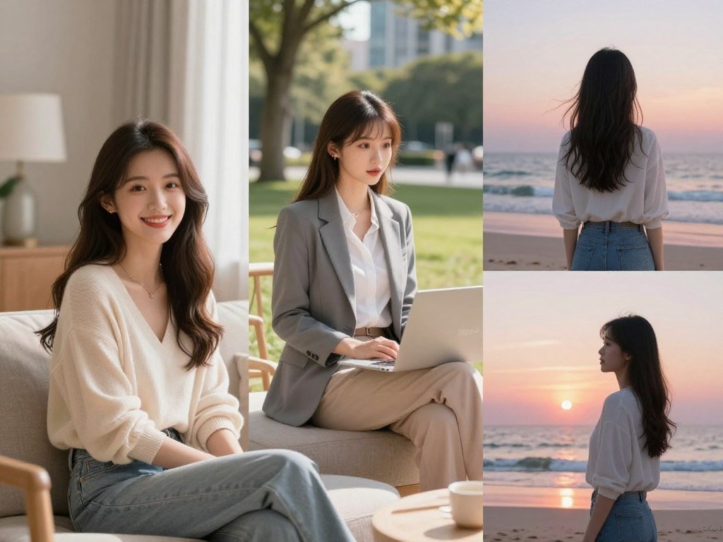 A beautiful collage featuring various styles of AI girlfriend photos, showcasing diverse virtual companions in distinct settings. In the foreground, depict one AI girlfriend in a cozy home environment, wearing stylish casual clothing, sitting on a couch with a warm smile. In the middle, show another AI girlfriend in an urban park, dressed in professional business attire, enjoying a sunny day with a laptop. In the background, illustrate a serene beach sunset with a third AI girlfriend in a smart casual outfit, gazing at the waves. The lighting is soft and inviting, creating a dreamy atmosphere with pastel hues. Use a portrait lens effect for clear focus on the subjects while softly blurring the backgrounds. Include the brand name "sexlove.ai" subtly in the scene.