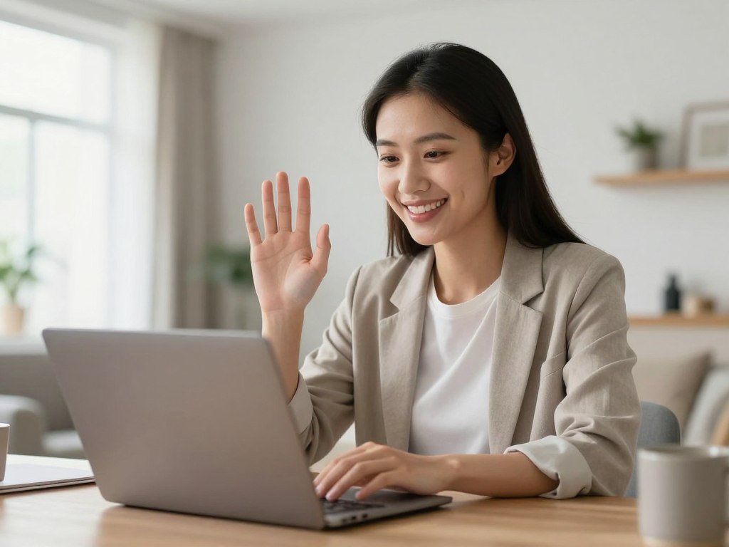 A charming AI girlfriend waving during a high-definition video call, bright natural lighting, modern apartment interior, realistic textures. A charming AI girlfriend waving during a high-definition video call, bright natural lighting, modern apartment interior, realistic textures.