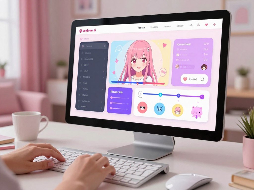 A computer screen displaying a user-friendly interface for configuring voice and audio settings in a simulated Yandere AI girlfriend application, with elements of the brand "sexlove.ai" visible. The foreground features a sleek, modern keyboard and mouse, with the fingers of a user poised over the keyboard. In the middle ground, the screen showcases colorful sliders and options for voice modulation, pitch, and emotion, decorated with cute, anime-inspired icons. The background displays a cozy room setting with soft lighting, giving off an inviting atmosphere, filled with pastel colors and stylish decor. Utilize a shallow depth of field to highlight the screen&amp;apos;s interface while softly blurring the surrounding elements, creating a warm and engaging atmosphere.