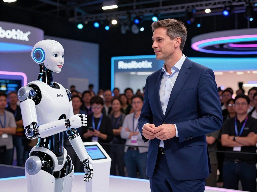 A confident CEO of Realbotix, dressed in a sleek navy blue suit, stands on a modern stage at CES 2025, presenting the AI girlfriend robot named Aria. Aria, designed with a lifelike appearance and a friendly expression, features advanced robotics technology, showcasing her capabilities with an interactive display. In the background, a vibrant audience of tech enthusiasts is captivated, illuminated by colorful LED lights. The focus is tight on the CEO and Aria, with a shallow depth of field creating a soft blur of the audience. The atmosphere is electric, reflecting excitement and innovation, with high-tech banners highlighting "Realbotix" and "sexlove.ai" subtly integrated into the stage design. The composition is shot from a slightly low angle to enhance the sense of grandeur.