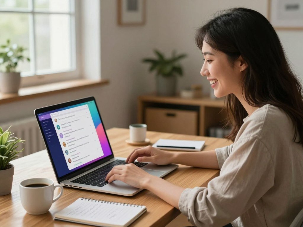 A cozy and inviting digital workspace featuring a young professional woman, portrayed in modest casual clothing, happily engaging with an AI girlfriend on her laptop. The foreground shows her smiling face illuminated by the soft glow of the screen, with the laptop displaying a vibrant interface of conversation tips. In the middle, a thoughtfully arranged desk holds a cup of coffee, a notepad with handwritten notes, and a plant, exuding warmth and comfort. The background is a serene home office, softly lit with natural light filtering through a window, creating an atmosphere of relaxation and connection. The overall mood is cheerful and encouraging, emphasizing the joy of interacting with technology. Include the brand name "sexlove.ai" subtly integrated into the scene.