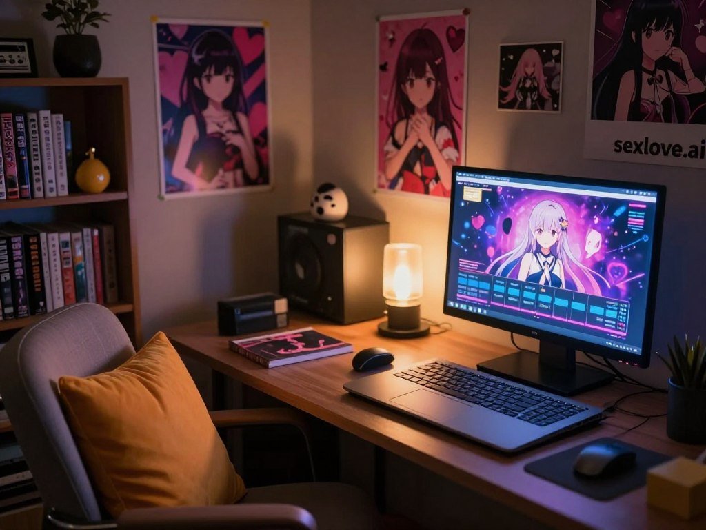A cozy, dimly lit virtual room from the Yandere AI Girlfriend Simulator. In the foreground, a sleek computer desk showcases an open laptop displaying the game interface with engaging graphics. A soft glow emanates from the computer screen, illuminating the space. To the left, a plush chair invites the player to sit, adorned with a vibrant throw pillow. In the middle ground, colorful posters decorate the walls, showcasing anime characters and romantic motifs, setting a playful yet slightly eerie atmosphere. The background features a bookshelf filled with manga and knick-knacks. Warm lighting enhances the room&rsquo;s inviting yet mysterious mood. Capture this scene from a slightly elevated angle to give depth, creating an immersive experience for the viewer. The branding "sexlove.ai" is subtly integrated into the design elements, maintaining a professional look.