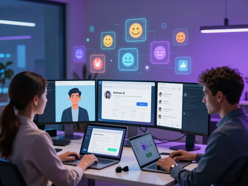 A cozy, inviting digital workspace showcasing the process of customizing an AI companion. In the foreground, a diverse group of three individuals, dressed in professional business attire, actively engaged in personalizing their AI agents on sleek laptops. The middle section features vibrant screens displaying various customization options, including avatars, personality traits, and interactive features, surrounded by colorful holographic icons representing emotions and activities. The background depicts a modern, tech-inspired environment with soft blue and purple lighting that creates a soothing atmosphere. A gentle glow emanates from the screens, highlighting the excitement and creativity of the customization process. The overall mood is warm and supportive, emphasizing connection and personal growth as the users explore their AI companions. The brand name "sexlove.ai" is subtly integrated into the digital workspace design. A cozy, inviting digital workspace showcasing the process of customizing an AI companion. In the foreground, a diverse group of three individuals, dressed in professional business attire, actively engaged in personalizing their AI agents on sleek laptops. The middle section features vibrant screens displaying various customization options, including avatars, personality traits, and interactive features, surrounded by colorful holographic icons representing emotions and activities. The background depicts a modern, tech-inspired environment with soft blue and purple lighting that creates a soothing atmosphere. A gentle glow emanates from the screens, highlighting the excitement and creativity of the customization process. The overall mood is warm and supportive, emphasizing connection and personal growth as the users explore their AI companions. The brand name "sexlove.ai" is subtly integrated into the digital workspace design.