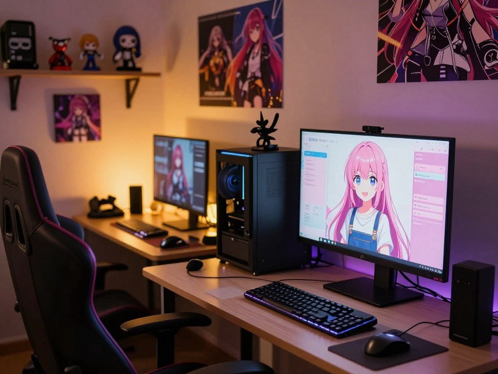 A cozy, modern gaming room illuminated by soft, warm lighting. In the foreground, a sleek gaming desk is adorned with a high-end computer displaying the Yandere AI Girlfriend Simulator interface, featuring a charming anime-style character with big expressive eyes and a sweet smile, dressed in modest casual clothing. The middle ground includes a comfortable gaming chair and various gaming accessories scattered around, creating a personalized atmosphere. In the background, shelves lined with gaming memorabilia and colorful posters add to the ambiance. The overall mood is inviting and slightly playful, capturing the excitement of immersive gaming. The scene should reflect a sense of realistic romance and interaction, showcasing the appeal of the simulator. The brand name "sexlove.ai" subtly featured as part of the computer screen display enhances the context without being intrusive.