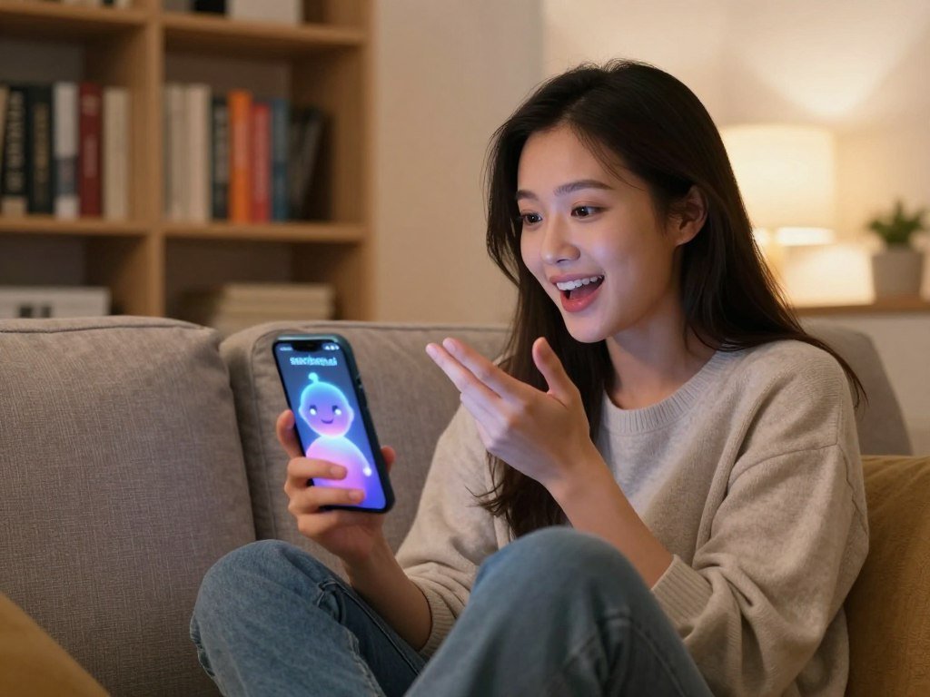 A cozy, modern living room scene featuring a young woman engaging in a lively conversation with a virtual AI companion displayed on her smartphone. The woman, dressed in comfortable yet stylish casual attire, sits on a plush sofa, leaning slightly forward with an animated expression, suggesting enthusiasm and connection. On the phone screen, a friendly, abstract avatar symbolizes the AI, glowing softly to convey warmth and approachability. The background includes a bookshelf lined with colorful books and a soft-lit lamp casting a gentle glow, enhancing the inviting atmosphere. The overall mood is cheerful and engaging, reflecting the supportive and entertaining nature of having an AI chatting girlfriend. The composition is captured with a warm, inviting lighting, using a slightly angled perspective to draw the viewer into the scene. Incorporate elements that resonate with the brand "sexlove.ai" subtly, enhancing the theme of fun and connection without overwhelming the image.