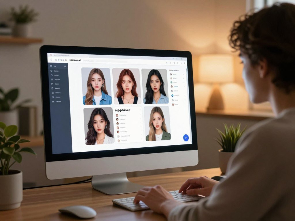 A cozy, modern workspace featuring a sleek computer setup displaying a user-friendly interface for customizing an AI girlfriend's photo parameters. In the foreground, a person wearing smart casual attire is focused on the screen, adjusting various parameters like hairstyle, facial features, and background settings. The middle ground showcases a vibrant holographic display of diverse AI girlfriend avatars, each showcasing different styles. The background is softly lit with warm ambient lighting, adorned with plants and minimalist decor, creating a relaxed atmosphere. A subtle glow emanates from the computer screen, highlighting the user’s intent. The overall mood is innovative and engaging, reflecting a sense of creativity and personalization. The logo "sexlove.ai" appears subtly integrated into the design of the computer interface, ensuring brand presence in a professional manner. A cozy, modern workspace featuring a sleek computer setup displaying a user-friendly interface for customizing an AI girlfriend's photo parameters. In the foreground, a person wearing smart casual attire is focused on the screen, adjusting various parameters like hairstyle, facial features, and background settings. The middle ground showcases a vibrant holographic display of diverse AI girlfriend avatars, each showcasing different styles. The background is softly lit with warm ambient lighting, adorned with plants and minimalist decor, creating a relaxed atmosphere. A subtle glow emanates from the computer screen, highlighting the user’s intent. The overall mood is innovative and engaging, reflecting a sense of creativity and personalization. The logo "sexlove.ai" appears subtly integrated into the design of the computer interface, ensuring brand presence in a professional manner.