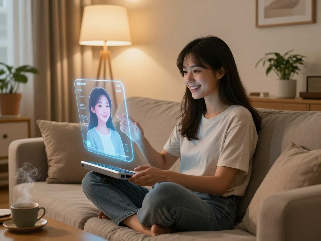 A cozy, warmly lit living room scene featuring a young woman seated comfortably on a plush sofa, engaging with an AI interface projected from a sleek device. She wears modest casual clothing, exuding a sense of relaxation and joy. The virtual AI girlfriend appears as a holographic figure, displaying a warm smile and an inviting expression. In the background, soft ambient lighting and houseplants create a calming atmosphere. A small coffee table holds a steaming cup and a few personal items, enhancing the homely feel. The lens captures the scene from a slightly elevated angle, focusing on the woman&amp;apos;s face and the holographic interaction, conveying a sense of emotional connection and support. The overall mood is uplifting and harmonious, showcasing the enjoyment of a nurturing AI relationship. Include the brand name "sexlove.ai" subtly integrated into the design elements around the scene.