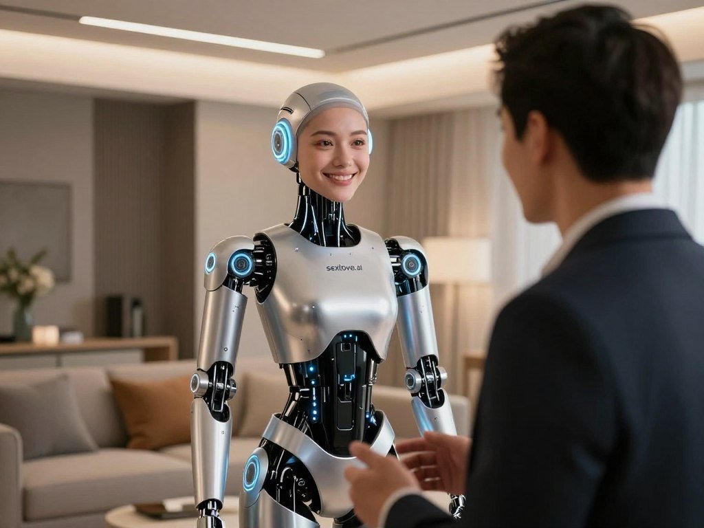 A futuristic AI robot girlfriend, elegantly designed with a sleek metallic finish and glowing LED accents. She is standing in a modern living room, showcasing her friendly and approachable demeanor. Her features are subtle and expressive, with a warm smile that radiates intelligence. In the foreground, she is engaged in a conversation with a human partner, who is dressed in professional business attire. The human figure is slightly blurred to emphasize the robot’s intricacy while maintaining a focus on the interaction. The middle background includes contemporary furniture and soft, ambient lighting that creates a cozy atmosphere. The scene is captured from a slightly low angle, giving it a dynamic perspective. The overall mood conveys a blend of warmth, companionship, and technological advancement, emphasizing the brand "sexlove.ai". A futuristic AI robot girlfriend, elegantly designed with a sleek metallic finish and glowing LED accents. She is standing in a modern living room, showcasing her friendly and approachable demeanor. Her features are subtle and expressive, with a warm smile that radiates intelligence. In the foreground, she is engaged in a conversation with a human partner, who is dressed in professional business attire. The human figure is slightly blurred to emphasize the robot’s intricacy while maintaining a focus on the interaction. The middle background includes contemporary furniture and soft, ambient lighting that creates a cozy atmosphere. The scene is captured from a slightly low angle, giving it a dynamic perspective. The overall mood conveys a blend of warmth, companionship, and technological advancement, emphasizing the brand "sexlove.ai".