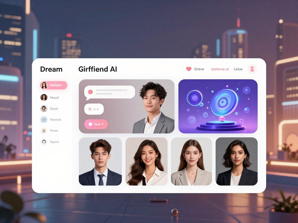 A futuristic concept image showcasing the features of a "Dream Girlfriend AI" platform, branded with "sexlove.ai". In the foreground, display an elegant user interface featuring customizable avatars with diverse appearances, each dressed in professional business attire, reflecting various personalities and styles. The middle layer should include interactive elements, such as chat bubbles and personalization options like mood settings, engaging visuals that illustrate advanced AI technology. In the background, visualize a soft-focus futuristic cityscape, bathed in gentle, ambient lighting that conveys a warm and inviting atmosphere. Use a wide-angle lens to capture a vibrant yet serene vibe, suggesting a blend of technology and human connection. The overall mood should evoke curiosity and innovation, inviting viewers to explore the possibilities of virtual companionship.
