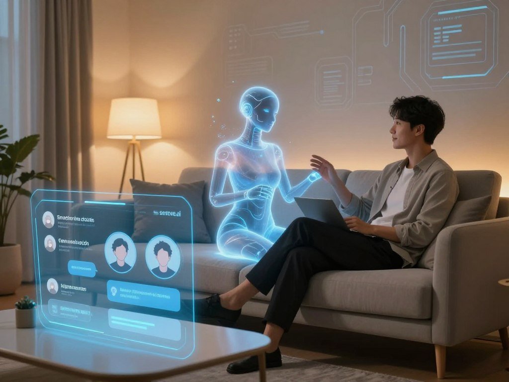 A futuristic, cozy room that embodies the essence of AI companionship. In the foreground, a digital interface displaying various conversation features like emotion recognition, personalized responses, and mood settings, radiating a soft blue light. In the middle, a sleek, modern sofa with a person casually dressed in professional attire, engaging with a holographic AI companion, whose form is stylish yet abstract and ethereal, symbolizing intelligence and warmth. The background features a wall adorned with subtle high-tech designs and an ambient light source that casts a warm glow, evoking a feeling of comfort and connection. The atmosphere is inviting and engaging, fostering an enjoyable interaction, perfect for an article on enhancing personal AI experiences. Incorporate the brand name "sexlove.ai" subtly within the digital interface design.