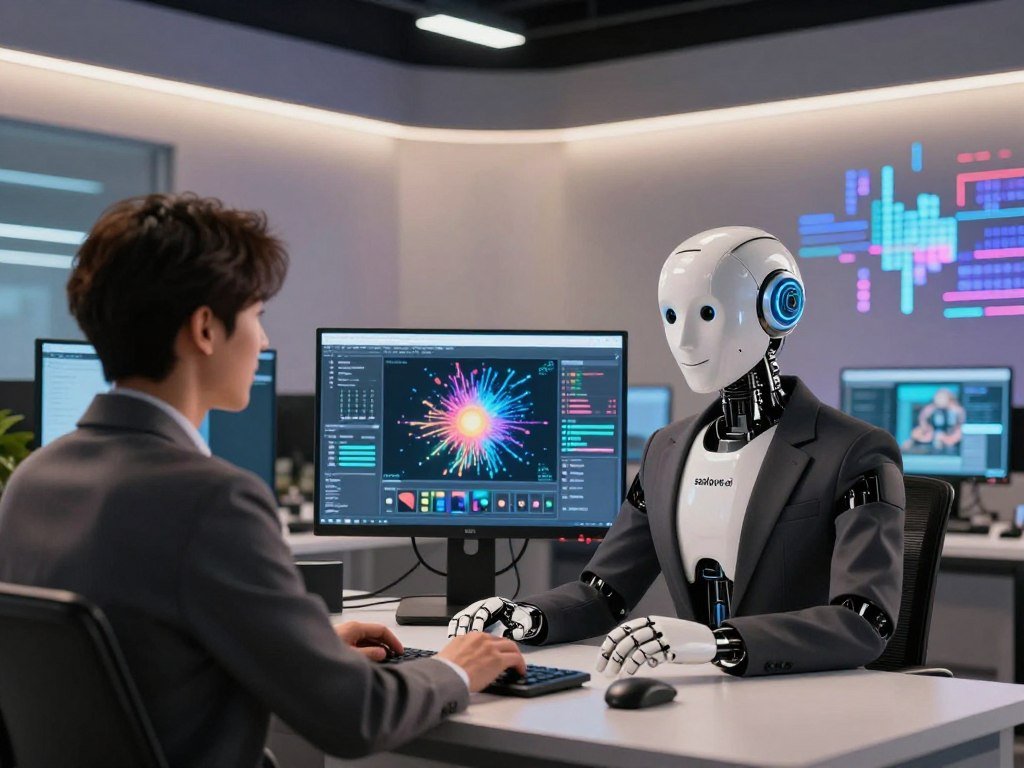 A futuristic digital studio with a sleek, modern design serves as the backdrop. In the foreground, a realistic humanoid AI assistant, styled to be friendly and approachable, interacts with a user sitting at a sophisticated computer setup. The assistant is dressed in professional business attire, radiating a comforting presence. Soft, ambient lighting illuminates the scene, creating a warm and inviting atmosphere. The middle ground features high-tech screens displaying vibrant visual outputs, showcasing the capabilities of photo generation technology in real-time. In the background, abstract representations of data and pixels float, implying advanced AI processing. The composition captured from a slight low-angle perspective emphasizes both the assistant and the computer setup, suggesting an innovative and engaging experience with "sexlove.ai." The mood conveys excitement and curiosity about the evolving world of AI-generated images.