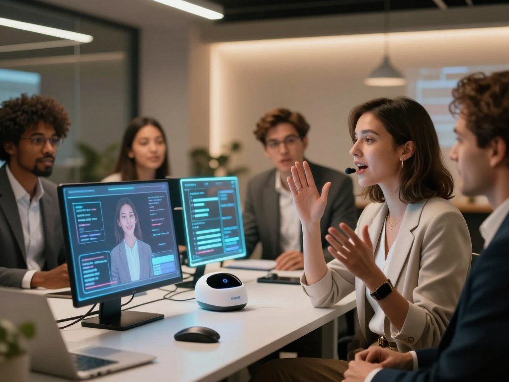 A futuristic, inviting workspace setting showcasing a diverse group of professionals engaged in interactive audio conversations with their virtual AI assistant, representing "sexlove.ai." In the foreground, a confident woman in smart casual attire speaks animatedly into a sleek voice assistant device. Her friends, a mix of men and women dressed in professional business attire, sit around her, their expressions lively and engaged. The middle ground features advanced technology like holographic displays, illustrating voice features and audio interaction capabilities. The background includes soft, ambient lighting with a high-tech feel, creating a collaborative and inspiring atmosphere. Use a warm color palette to evoke a sense of connection and innovation, with a slight lens blur emphasizing the lively interaction in the foreground.