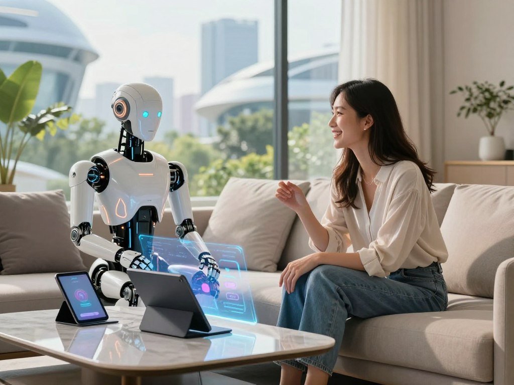 A futuristic living room setting featuring a human and a humanoid AI companion engaging in an interactive experience. In the foreground, a woman in smart casual attire is sitting comfortably on a modern sofa, smiling and looking engaged. The AI companion, designed with sleek, robotic features and warm LED accents, is positioned beside her, showcasing a friendly and approachable demeanor. In the middle, a stylish coffee table with digital devices, like a tablet displaying an app interface and a holographic screen, enhances the atmosphere of advanced technology. The background showcases a bright, inviting window with a sunny urban landscape outside, filled with greenery and futuristic buildings, creating a sense of connection with the world. The lighting is soft and warm, emphasizing a sense of companionship and intimacy, reflecting the innovative essence of the AI girlfriend app from sexlove.ai.