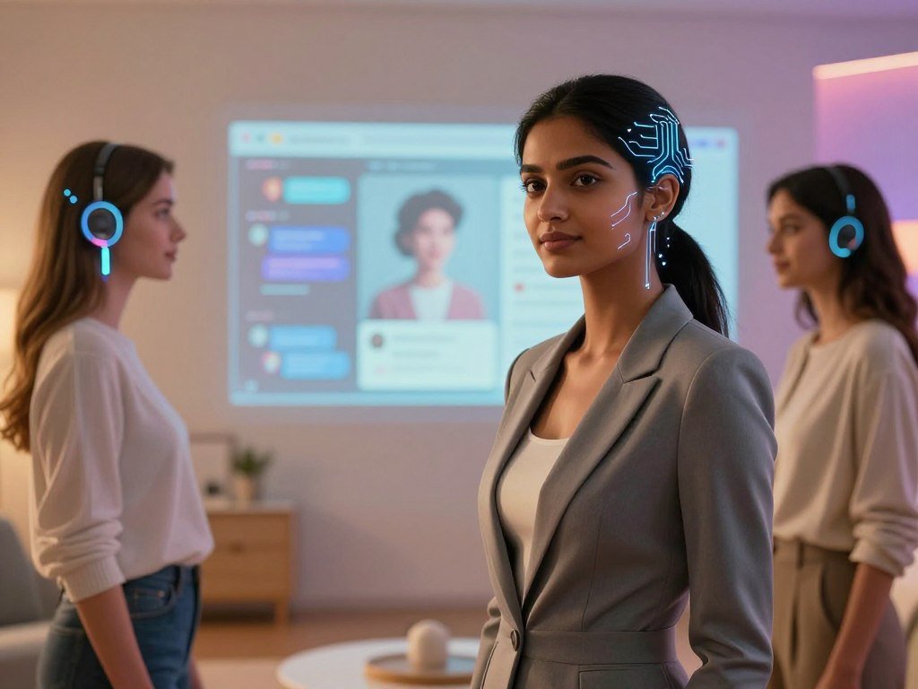 A futuristic scene depicting diverse AI girlfriend characters designed with a blend of technology and warmth, representing the essence of companionship. In the foreground, a South Asian woman with sleek, glowing circuitry patterns in her hair, wearing a stylish, form-fitting business attire. Beside her, a Caucasian woman with holographic accessories, dressed modestly in casual yet chic clothing. In the middle ground, a serene virtual environment with softly illuminated screens showcasing interactive features like chatting and virtual experiences. The background features abstract shapes and soft gradients that evoke a sense of advanced technology and comfort. The lighting is warm and inviting, highlighting the characters with a soft focus while maintaining a professional atmosphere. The overall mood is uplifting and engaging, embodying the blend of technology and personal connection that "vidqu ai girlfriend" promotes.