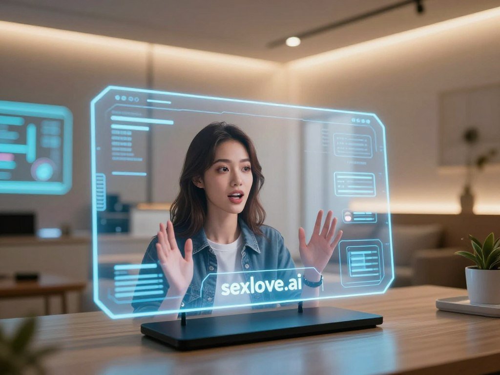 A futuristic scene showcasing an advanced AI girlfriend interface named "sexlove.ai". In the foreground, a sleek holographic display features an attractive, androgynous avatar with distinct, expressive features, wearing smart casual clothing. The avatar has lifelike facial expressions and is engaging in a virtual conversation, showcasing voice and video capabilities. In the middle ground, a modern room with tech-inspired decor enhances the atmosphere, incorporating glowing screens that depict data and interaction flows. In the background, soft LED lighting casts a warm, inviting glow, creating a welcoming space that merges technology with comfort. The angle is slightly elevated, capturing the dynamic interaction while conveying innovation and intimacy in a SFW context.