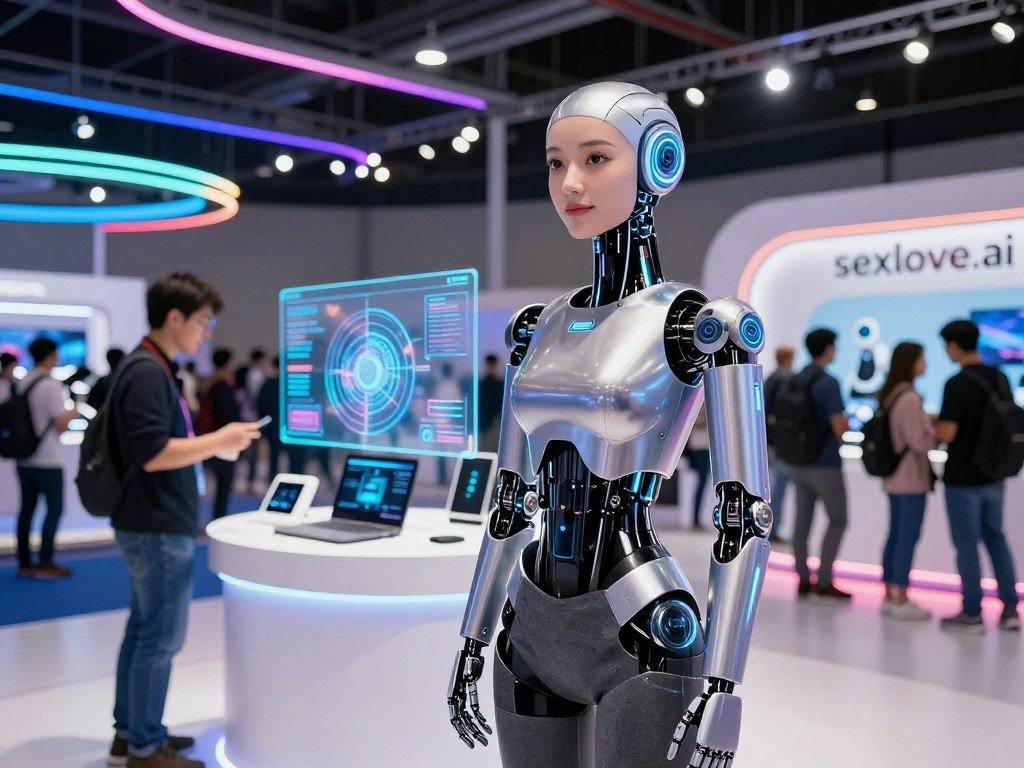A futuristic showcase at CES 2025 highlights advanced robotics technology, with an elegant AI robot girlfriend standing in the foreground, exuding warmth and personality. The robot features a sleek metallic design, glowing accents, and realistic facial expressions, dressed in smart casual attire. In the middle ground, tech enthusiasts engage with various cutting-edge devices, while holographic displays illustrate innovative AI functionalities. The background features a bustling exhibition hall with colorful lights, showcasing various robotics companies, including "sexlove.ai" prominently. The atmosphere is energetic and futuristic, illuminated by vibrant LED lights and soft ambient lighting, shot from a low angle to emphasize the height and sophistication of the presentation while capturing the excitement of consumers exploring this technology revolution.