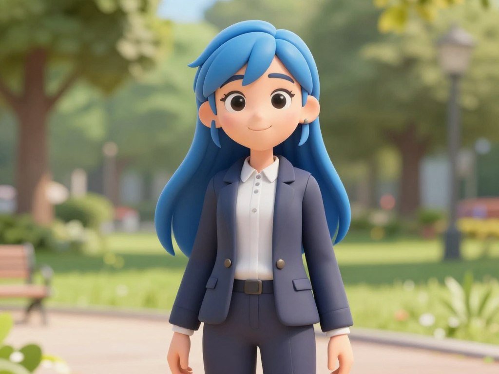 A high-quality 3D anime style AI girlfriend with long blue hair, a friendly smile, and realistic lighting in a sunny park. A high-quality 3D anime style AI girlfriend with long blue hair, a friendly smile, and realistic lighting in a sunny park.