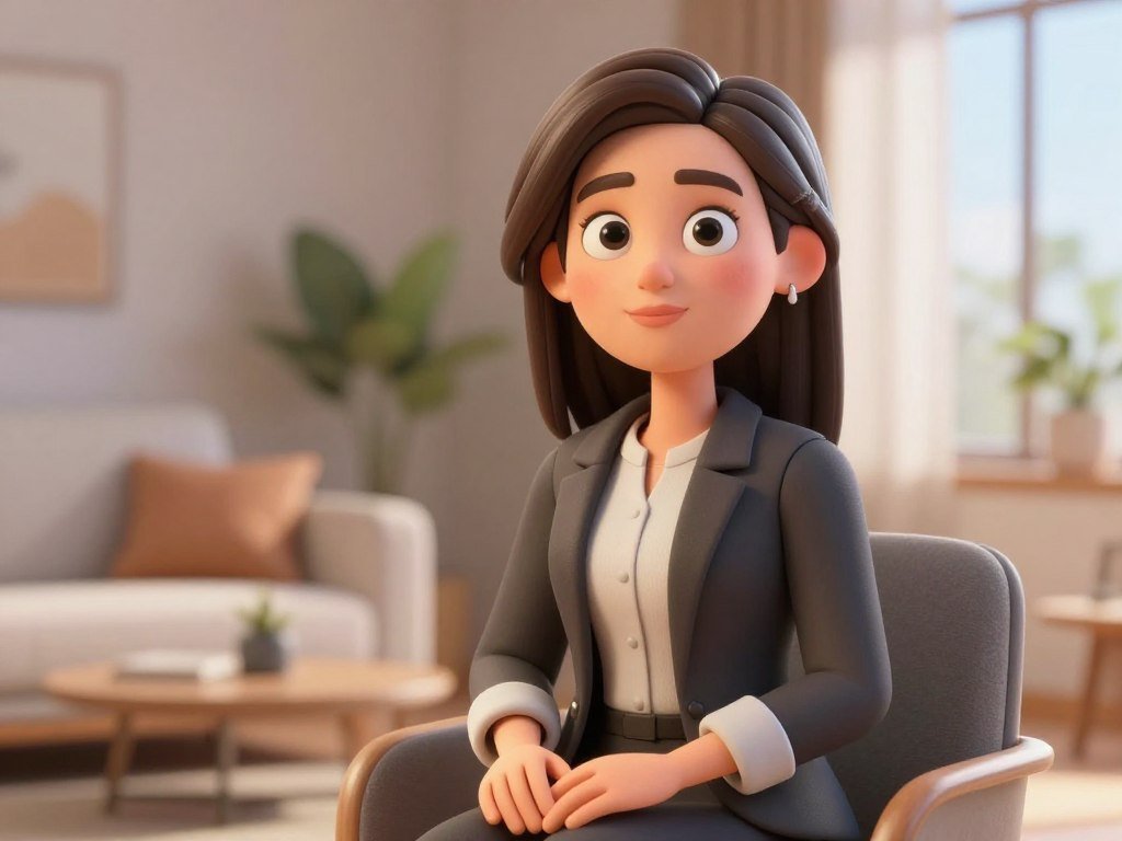A high-quality 3D digital avatar of a kind-faced woman with expressive eyes, sitting in a modern, sunlit living room, wearing casual home clothes, hyper-realistic style, soft cinematic lighting.