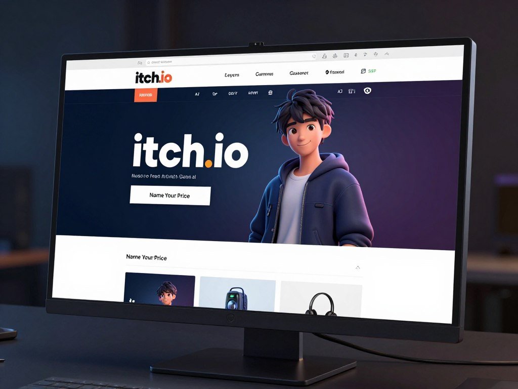 A high-quality 3D digital illustration of a gaming computer screen displaying the itch.io website with an anime-style AI girl character on the page, highlighting a "Name Your Price" download button, cinematic soft lighting.