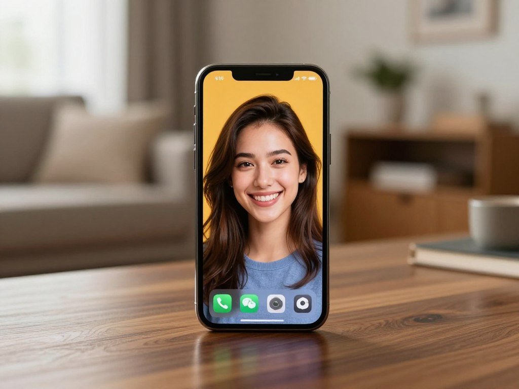 A high-quality, 8k resolution image of a modern smartphone sitting on a mahogany desk. The screen displays a vibrant, friendly, and realistic AI female personality with a soft smile. The background is a blurred, cozy living room. A high-quality, 8k resolution image of a modern smartphone sitting on a mahogany desk. The screen displays a vibrant, friendly, and realistic AI female personality with a soft smile. The background is a blurred, cozy living room.