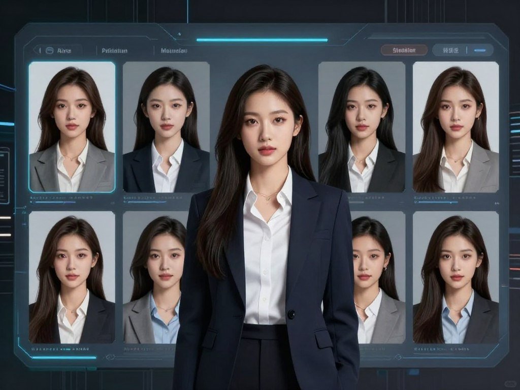 A high-quality, photorealistic image of a futuristic digital interface showing a beautiful and diverse selection of AI Asian women characters with soft lighting and modern aesthetics, 8k resolution. A high-quality, photorealistic image of a futuristic digital interface showing a beautiful and diverse selection of AI Asian women characters with soft lighting and modern aesthetics, 8k resolution.