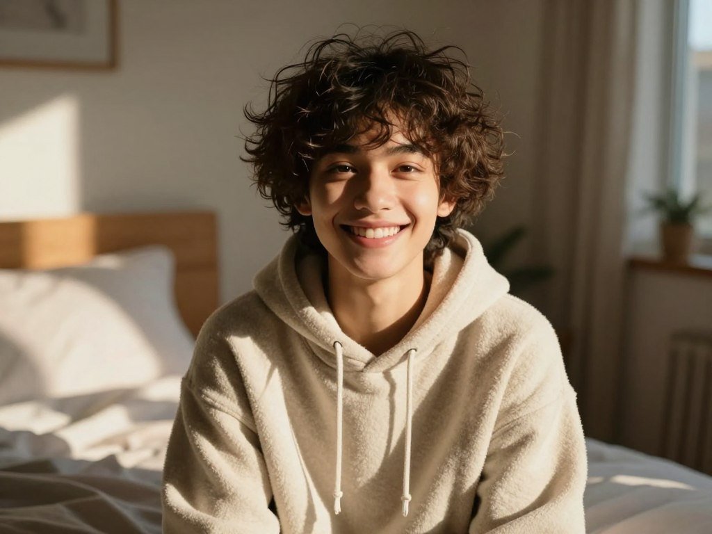 A high-quality, photorealistic selfie of a beautiful AI companion with messy hair, wearing a cozy oversized hoodie, smiling warmly at the camera in a sunlit bedroom, cinematic lighting, 8k resolution. A high-quality, photorealistic selfie of a beautiful AI companion with messy hair, wearing a cozy oversized hoodie, smiling warmly at the camera in a sunlit bedroom, cinematic lighting, 8k resolution.