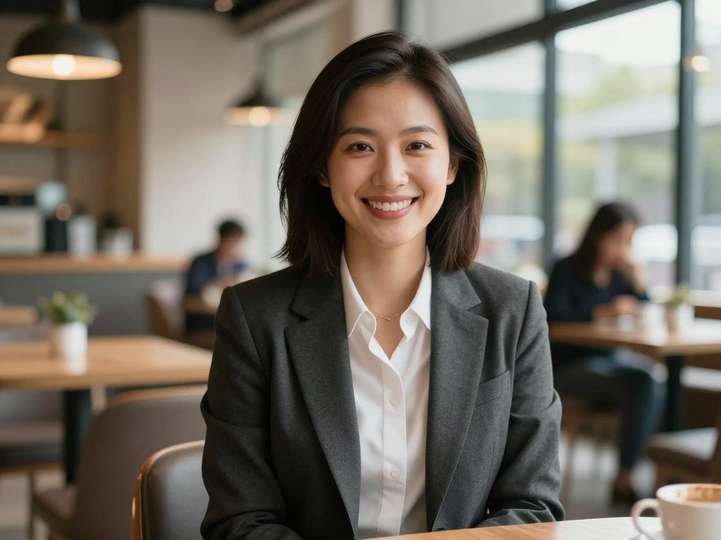 A high-quality, realistic digital portrait of a beautiful AI girlfriend with a warm smile, sitting in a modern, sun-drenched cafe, soft cinematic lighting, 8k resolution.
