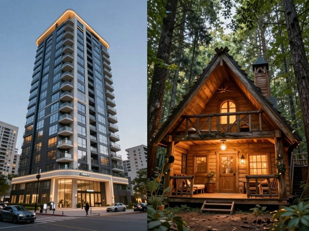 A high-quality split-screen visual showing a luxury high-rise apartment on one side and a dark, enchanted cabin in the woods on the other, representing the diverse environments of the AI2U escape room simulator.