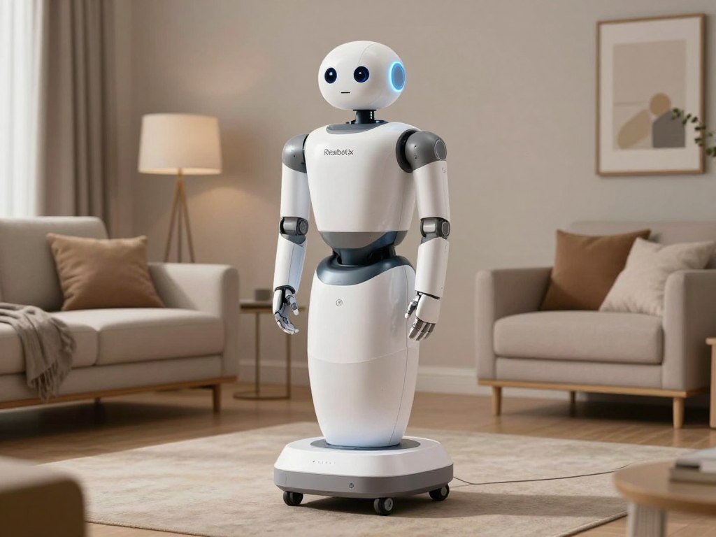 A high-resolution, realistic image of the Realbotix Aria AI robot standing in a modern, minimalist living room. The robot features detailed skin texture, expressive eyes, and a sleek modular design on a circular rolling plinth, soft ambient lighting, 8k resolution. A high-resolution, realistic image of the Realbotix Aria AI robot standing in a modern, minimalist living room. The robot features detailed skin texture, expressive eyes, and a sleek modular design on a circular rolling plinth, soft ambient lighting, 8k resolution.
