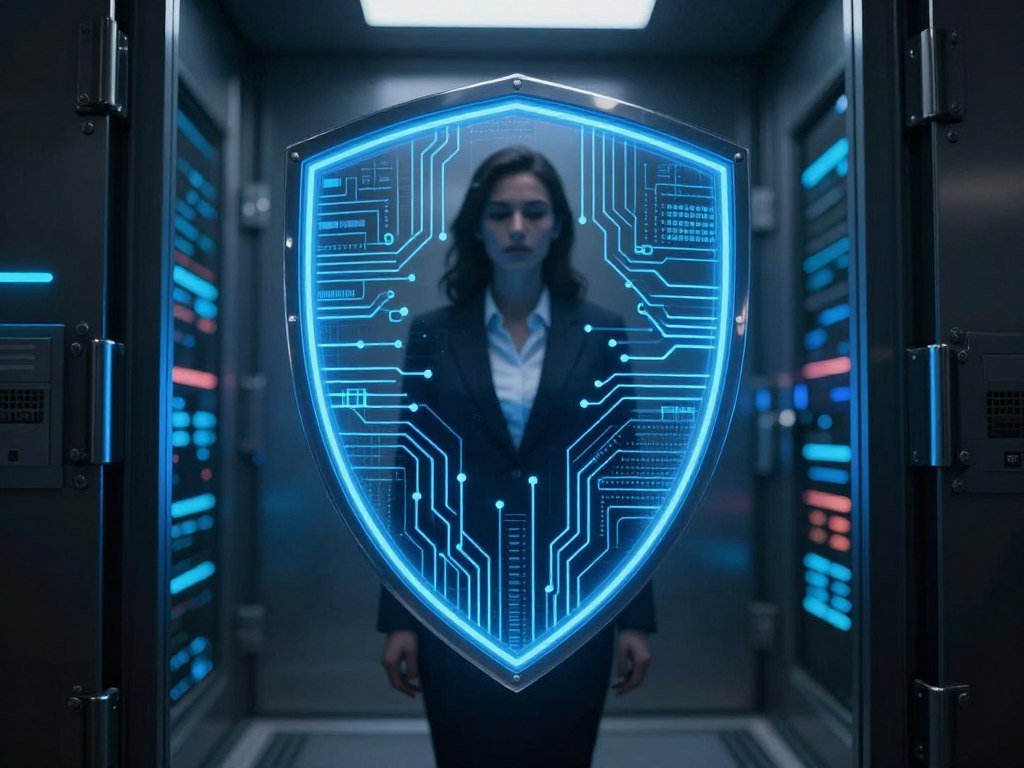 A high-tech digital shield glowing with blue neon circuits, protecting a blurred silhouette of a female companion in a dark, secure data vault, cinematic lighting, 8k resolution. A high-tech digital shield glowing with blue neon circuits, protecting a blurred silhouette of a female companion in a dark, secure data vault, cinematic lighting, 8k resolution.