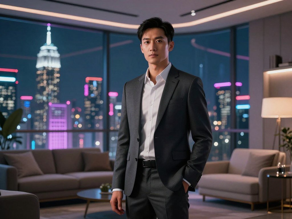 A hyper-realistic 8k image of a virtual companion with soft lighting, standing in a futuristic 2026 apartment overlooking a neon city skyline, cinematic style. A hyper-realistic 8k image of a virtual companion with soft lighting, standing in a futuristic 2026 apartment overlooking a neon city skyline, cinematic style.