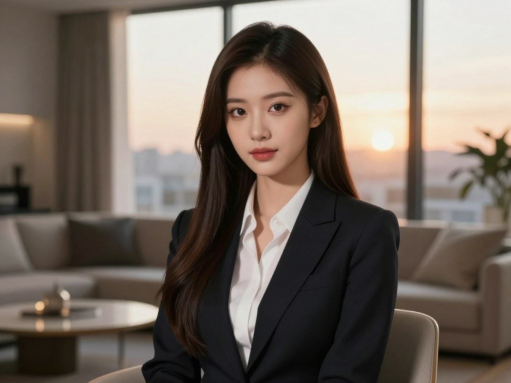 A hyper-realistic, beautiful AI girlfriend with long silky hair and expressive eyes, sitting in a cozy modern apartment, soft sunset light filtering through the window, 8k resolution, cinematic photography, wearing a stylish silk dress.