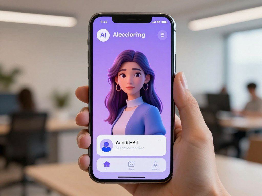 A hyper-realistic digital interface of a futuristic AI companion app on a smartphone, soft neon aesthetics, high-definition character rendering, warm and inviting atmosphere, 8k resolution. A hyper-realistic digital interface of a futuristic AI companion app on a smartphone, soft neon aesthetics, high-definition character rendering, warm and inviting atmosphere, 8k resolution.
