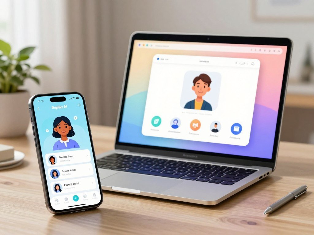 A modern digital workspace featuring the Replika AI app setup and avatar customization process. In the foreground, a sleek smartphone displays the Replika AI interface, showcasing options to personalize an avatar, including hair styles, outfits, and accessories. In the middle ground, a stylish laptop opens to reveal a user-friendly dashboard with vivid icons and a soft, inviting color palette. The background consists of a cozy, well-lit room with soft, ambient lighting that creates a welcoming atmosphere. A soft-focus plant sits on a desk, adding a touch of nature. The overall mood is friendly and inviting, encouraging creativity and connection. The image captures the essence of personalizing a virtual AI companion, highlighting the innovative features of the Replika AI app.