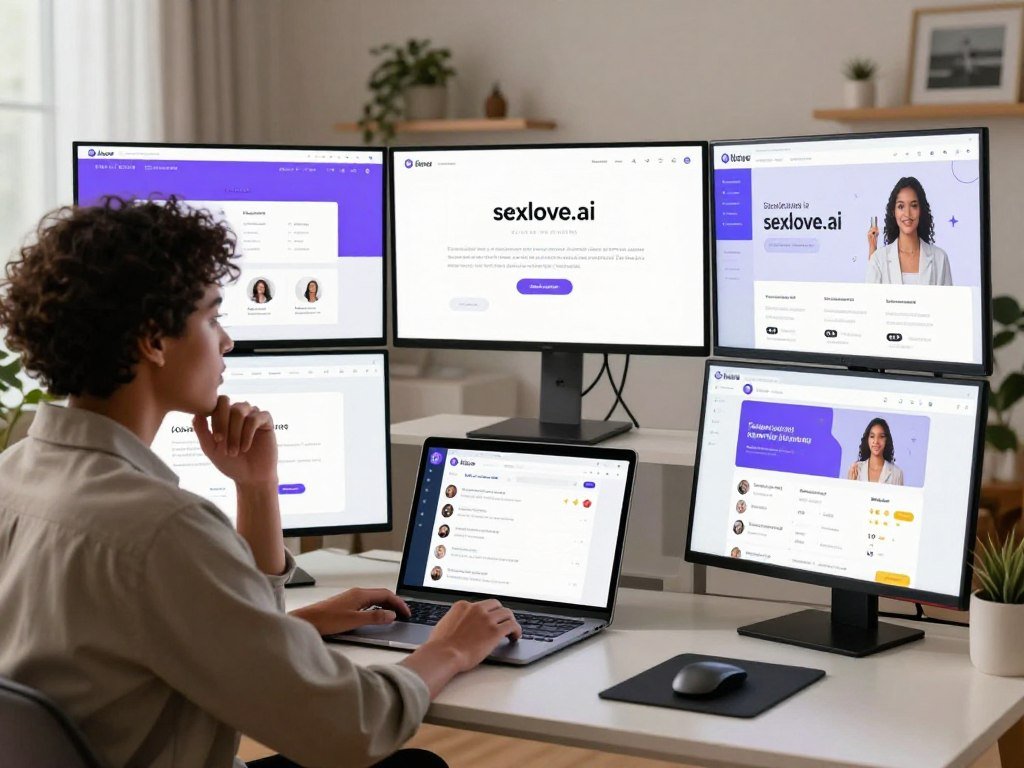 A modern digital workspace scene depicting a person thoughtfully comparing various AI girlfriend platforms on multiple screens. In the foreground, a diverse individual in stylish yet professional business attire sits at a sleek desk, focused on the screens, which display user interfaces of different platforms including "sexlove.ai". The middle layer showcases a laptop and tablet with detailed app interfaces visible, emphasizing features like interaction styles and user ratings. The background features a well-lit room with motivational decor, soft ambient lighting, and plants, creating a warm and inviting atmosphere. The mood is one of contemplation and excitement about choosing the perfect AI companion, with an emphasis on technology and user experience.