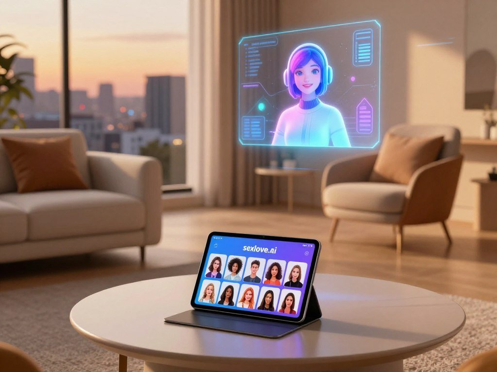 A modern, futuristic room showcasing the features of an AI companion. In the foreground, a sleek, minimalist coffee table with a tablet displaying an interactive interface of "sexlove.ai," featuring diverse avatars representing various personality types. In the middle, a cozy seating area with two stylish armchairs, adorned with soft cushions, and a holographic image of an AI companion projected above, displaying bright, inviting colors. The background shows a large window revealing a city skyline at dusk, casting warm, golden light into the room. The atmosphere is friendly and engaging, emphasizing connection and choice. The composition is shot from a slightly elevated angle, providing a comprehensive view of the environment and inviting warmth.