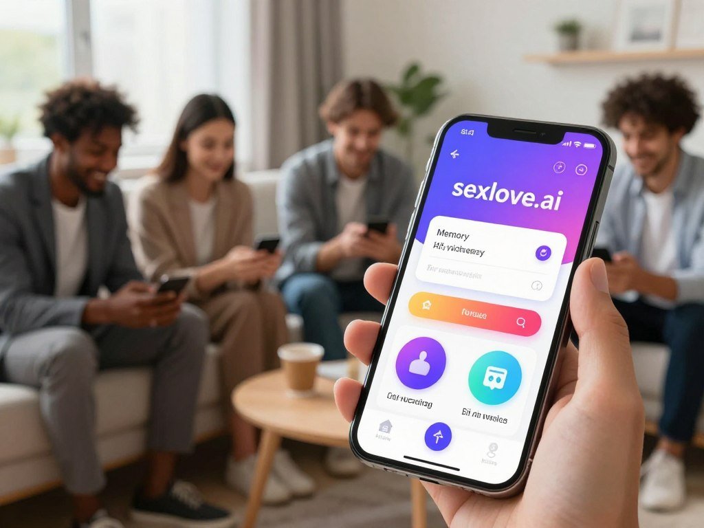 A modern, sleek smartphone displaying a vibrant user interface of an AI girlfriend app called "sexlove.ai" in the foreground, showcasing memory and adaptive response features with colorful icons and smooth animations. In the middle ground, a diverse group of users in professional business attire engage with their devices, showcasing a blend of joy and support. The background features a cozy, well-lit living room setting, with soft, natural light filtering through a window, enhancing the inviting atmosphere. The composition should focus on the interactions, conveying a warm and supportive mood while highlighting the high-tech aspect of AI relationships. Angled slightly for depth, the scene embodies the innovative and emotional connection provided by the app.