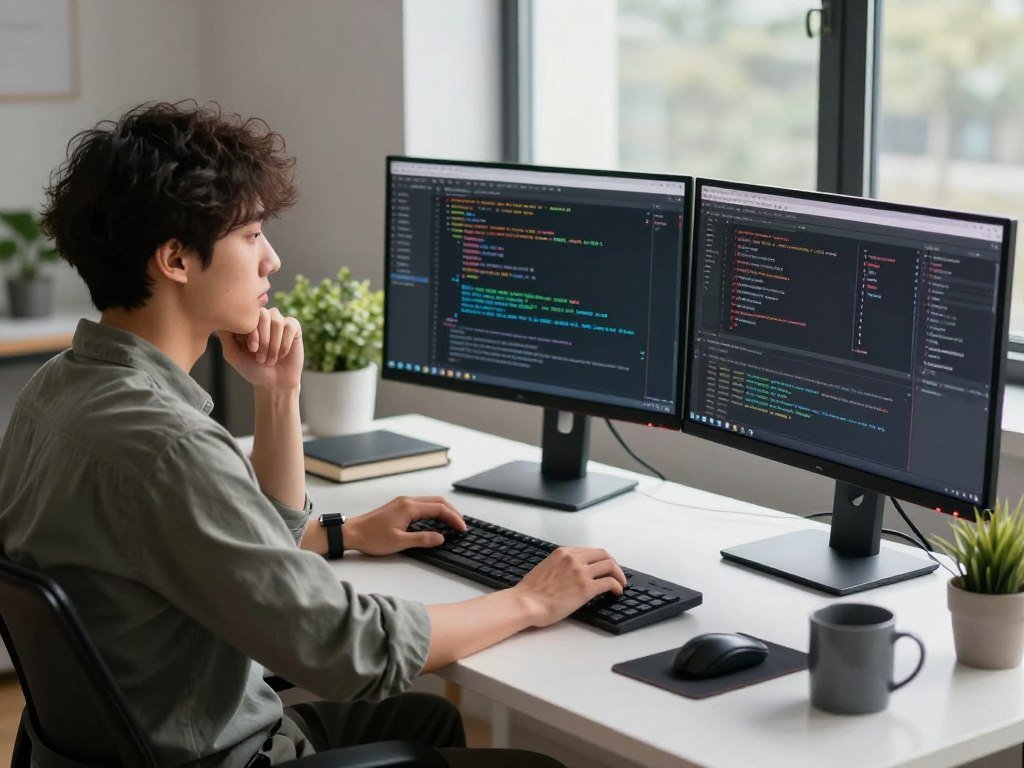 A modern workspace featuring a sleek computer setup with multiple monitors displaying code and charts related to AI API integration. In the foreground, a young adult in casual but professional attire, deeply focused on connecting to an API, with a contemplative look. The middle ground contains a neatly organized desk with a plant, notebooks, and a mug, hinting at creativity and productivity. The background shows a large window with soft, natural light streaming in, casting gentle shadows. The atmosphere is tech-savvy and innovative, inspiring excitement for using AI in game development. The brand "sexlove.ai" is subtly referenced in the computer screens, blending seamlessly into the tech environment. The overall mood should feel empowering and forward-thinking.