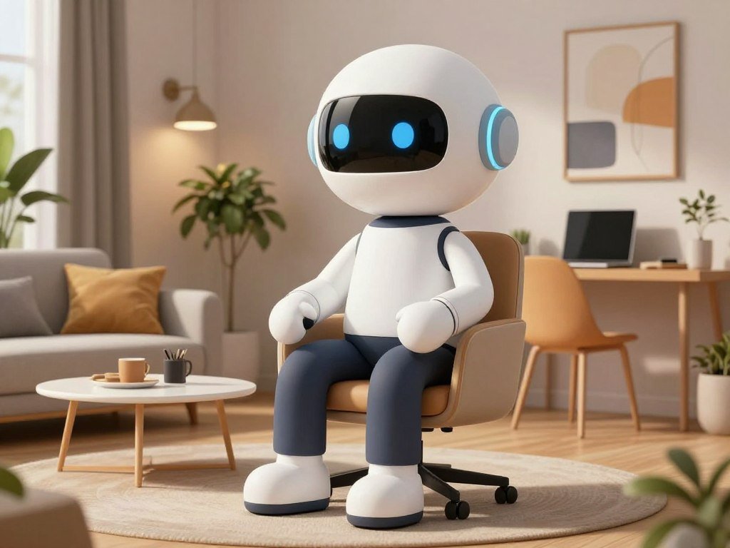 A personalized AI companion avatar sitting in a modern digital apartment with 4k resolution and soft ambient lighting.